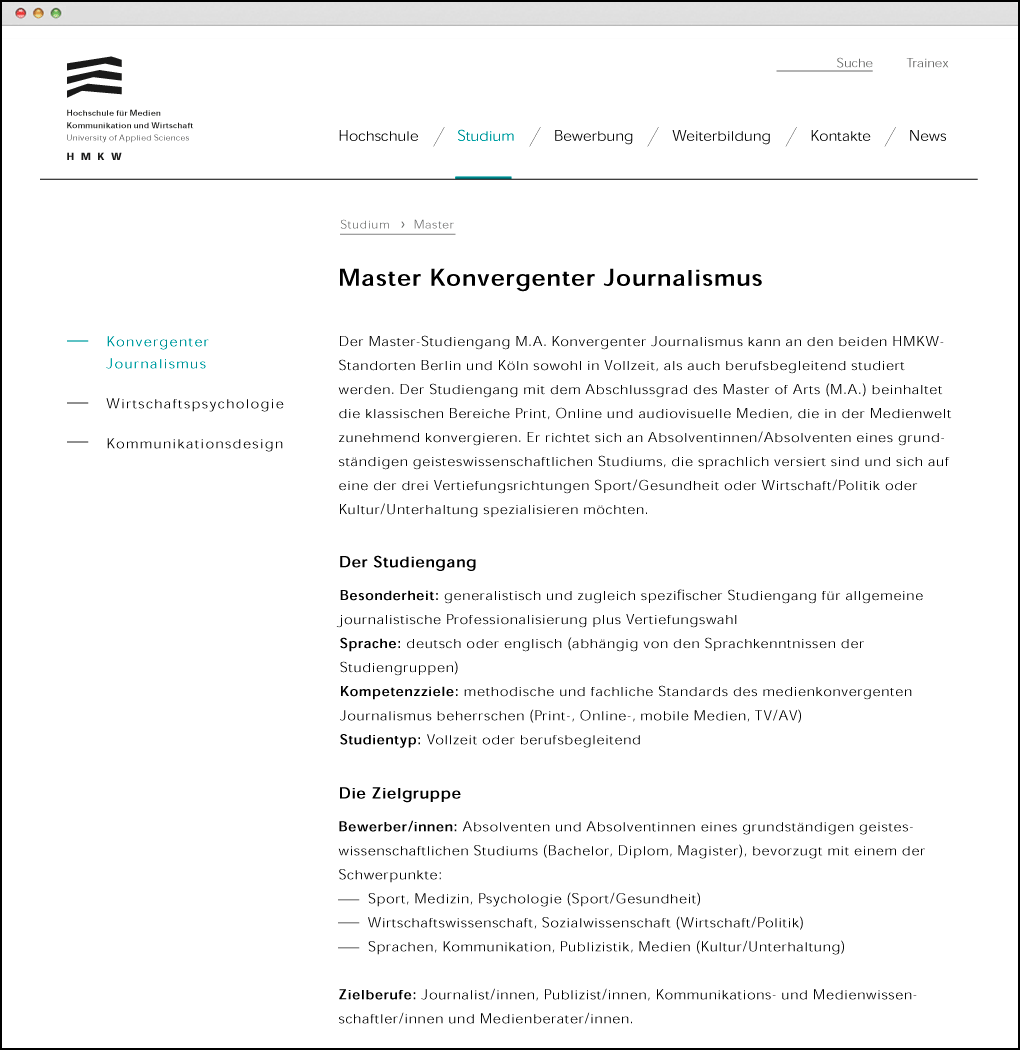 landing page of the HMKW university website. 